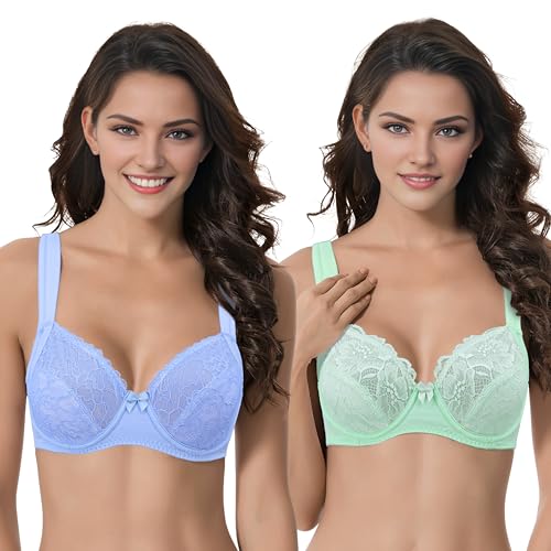 Curve Muse Übergröße Ungefüttert Bügel Spitzen-BH mit gepolsterten Schultergurten-2er Pack-Light Blue,Mint-85F von Curve Muse