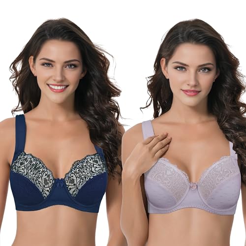 Curve Muse Übergröße Ungefüttert Bügel Spitzen-BH mit gepolsterten Schultergurten-2er Pack-Marine, Lila -75D von Curve Muse