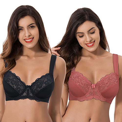 Curve Muse Übergröße Ungefüttert Bügel Spitzen-BH mit gepolsterten Schultergurten-2er Pack-Rose,Schwarz-75D von Curve Muse