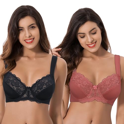 Curve Muse Übergröße Ungefüttert Bügel Spitzen-BH mit gepolsterten Schultergurten-2er Pack-Rose,Schwarz-110E von Curve Muse