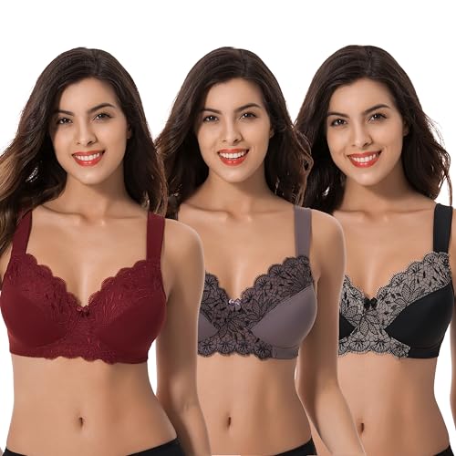 Curve Muse Übergröße Ungefüttert Minimizer Drahtloser BH mit Stickspitze-3er Pack-Burgund,Schwarz,Grau-105F von Curve Muse