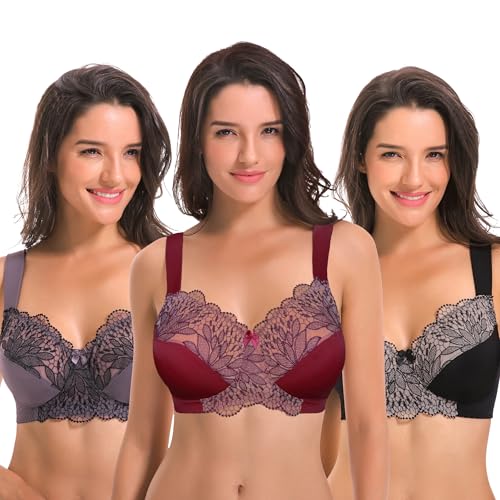 Curve Muse Übergröße Ungefüttert Minimizer Drahtloser BH mit Stickspitze-3er Pack-Grau,Burgund,Schwarz-100C von Curve Muse