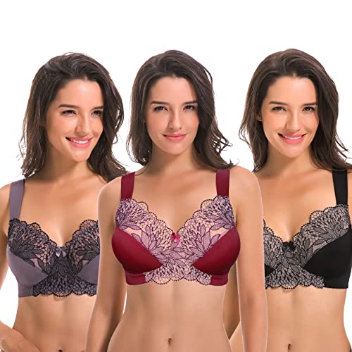 Curve Muse Übergröße Ungefüttert Minimizer Drahtloser BH mit Stickspitze-3er Pack-Grau,Burgund,Schwarz-110E von Curve Muse