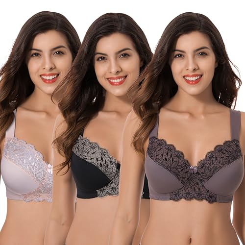 Curve Muse Übergröße Ungefüttert Minimizer Drahtloser BH mit Stickspitze-3er Pack-Rosa,Schwarz,Grau-105C von Curve Muse