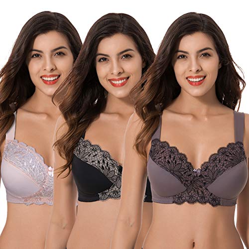 Curve Muse Übergröße Ungefüttert Minimizer Drahtloser BH mit Stickspitze-3er Pack-Rosa,Schwarz,Grau-75F von Curve Muse