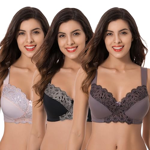 Curve Muse Übergröße Ungefüttert Minimizer Drahtloser BH mit Stickspitze-3er Pack-Rosa,Schwarz,Grau-85C von Curve Muse