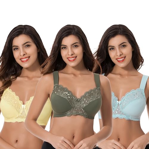 Curve Muse Übergröße Ungefüttert Minimizer Drahtloser BH mit Stickspitze-3er Pack-Yellow,Light Blue,Hunter Green-100E von Curve Muse
