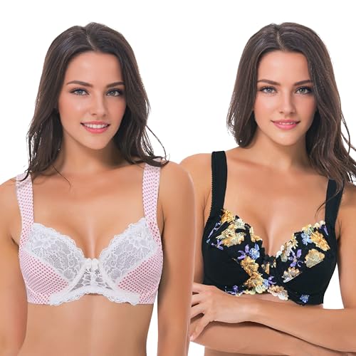 Curve Muse Ungefütterter Bügel-Spitzen-BH in Übergröße mit gepolsterten Schultergurten - 2er Pack-Black,Pink Print-90F von Curve Muse
