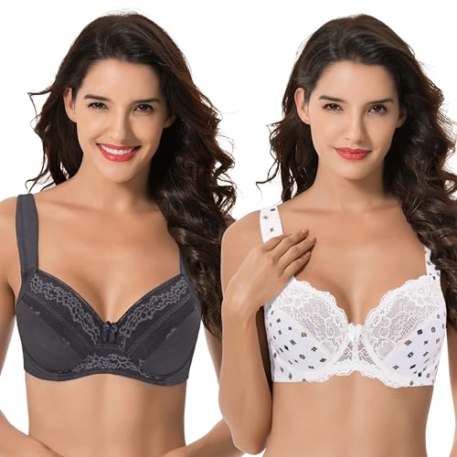 Curve Muse Ungefütterter Bügel-Spitzen-BH in Übergröße mit gepolsterten Schultergurten - 2er Pack-Cream Print,Dark Gray-100E von Curve Muse