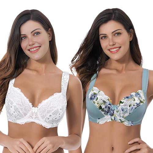Curve Muse Ungefütterter Bügel-Spitzen-BH in Übergröße mit gepolsterten Schultergurten - 2er Pack-Cream Print,Sage-100C von Curve Muse