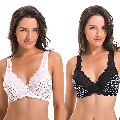 Curve Muse Women's Minimizer Unline Underwire Full Figure Bra with Embroidery Lace-2 pack-white-black-34DD von Curve Muse