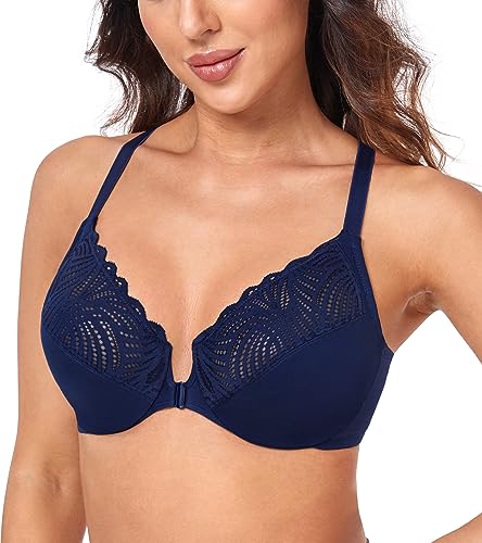 Curyon BH Damen mit Bügel Vorne Verschließbar Große Größen Ungepolstert Softschalen Vorderverschluss Racerback Blumenmuster Spitze Vollschalen Große Brüste Starker Halt Klassische BHS Blau 95C von Curyon
