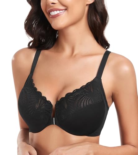 Curyon BH Damen mit Bügel Vorne Verschließbar Große Größen Ungepolstert Softschalen Vorderverschluss Racerback Blumenmuster Spitze Vollschalen Große Brüste Starker Halt Klassische BHS Schwarz 80C von Curyon