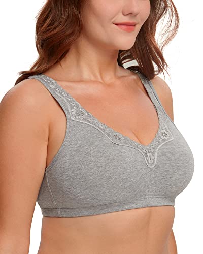 Curyon Baumwolle Klassisch BH Damen Ohne Bügel Große Brüste Starker Halt Große Größen [Cup B-F] 4 Haken und Öse Ungepolsterte Soft Elastizität Bügelloser BHS für Tägliche Sport Hause Grau 90D von Curyon