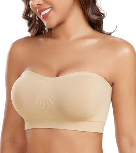 Curyon Damen Trägerloser BH ohne Bügel rutschfeste Silikonstreifen abnehmbare Polster bügelfrei Röhren BH mit Zwei abnehmbare Träger Beige S von Curyon