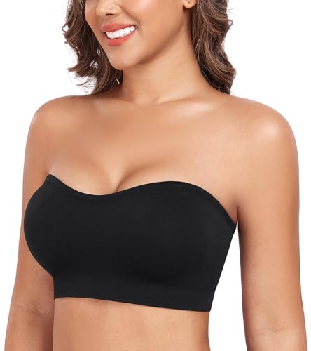 Curyon Damen Trägerloser BH ohne Bügel rutschfeste Silikonstreifen abnehmbare Polster bügelfrei Röhren BH mit Zwei abnehmbare Träger Schwarz XXXL von Curyon