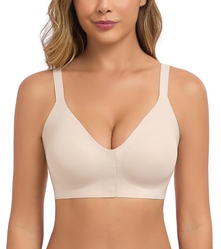 Curyon Damen Vorderverschluss BH Ohne Bügel Nahtloser Bralette mit V-Ausschnitt Vorne Verschließbar Seamless Bequem Push Up T Shirt Schlaf Beige XXL von Curyon