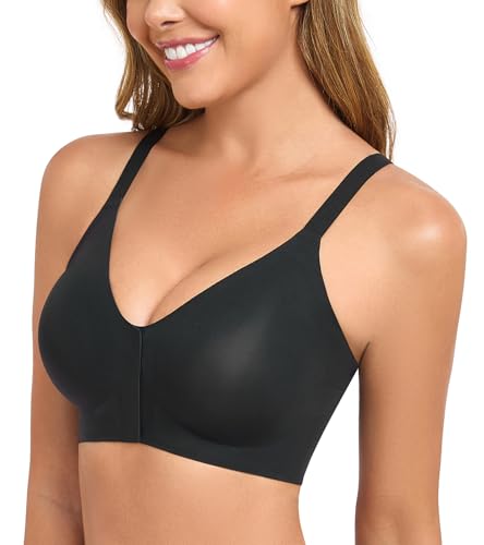 Curyon Damen Vorderverschluss BH Ohne Bügel Nahtloser Bralette mit V-Ausschnitt Vorne Verschließbar Seamless Bequem Push Up T Shirt Schlaf Schwarz XL von Curyon