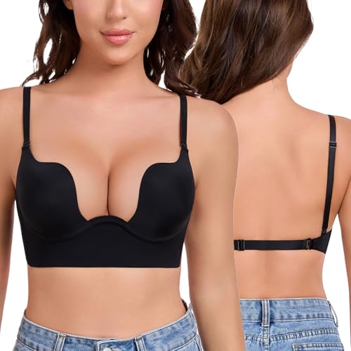 Curyon Plunge BH Rückenfrei Push Up Tiefer U-Schnitt Körbchen mit Bügel Kleine Brüste [Cup A-D] Niedrigem Rücken BHS für Zeremonien Hochzeiten Abschlussfeier Ball Feste Dating Alltag Schwarz 80D von Curyon