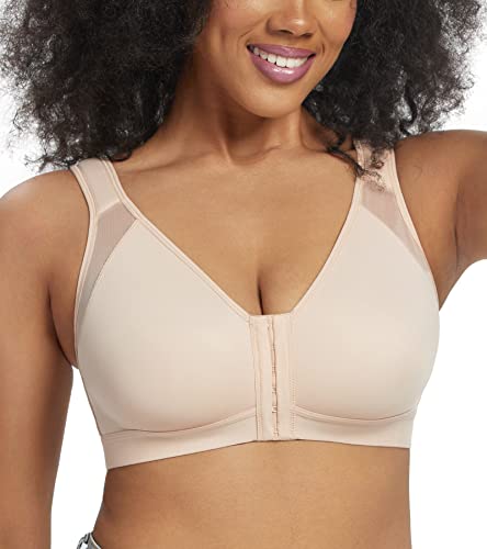 Curyon Vorne Verschluss BH Damen Ohne Bügel Große Größen [Cup B-E] Vollschalen Starker Halt Große Brüste Ungepolsterte Verstellbarer Riemen X-Förmiger Rücken Soft Bügellos Klassische BHS Beige 75C von Curyon