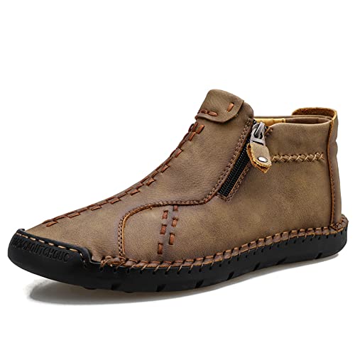 CusGifta Herren-Leder-Freizeitschuhe, Halbschuhe, Oxford, Schlupfschuhe, Stiefeletten, Handnähte, seitlicher Reißverschluss, Sneaker, Wanderschuhe, für Herren, Khaki Pulsh, 42 1/3 EU von CusGifta