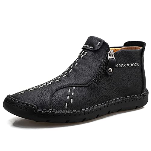 CusGifta Herren Leder Freizeitschuhe Loafers Oxford Slip On Schuhe Stiefeletten Handnähte Seitlicher Reißverschluss Sneaker Walking Wanderschuhe für Männer, Schwarz , 43 1/3 EU von CusGifta