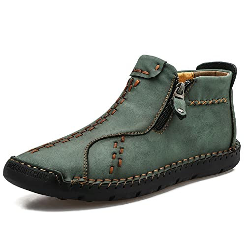 CusGifta Herren-Leder-Freizeitschuhe, Loafer, Oxford-Schlupfschuhe, Stiefeletten, Handnähte, seitlicher Reißverschluss, Sneaker, Wanderschuhe für Herren, Grünes Pulsh, 44 EU von CusGifta