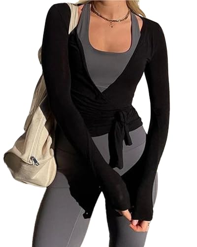 Cusghjbsg Damen-Oberteil mit Kreuzbindung, Y2K, einfarbig, lange Ärmel, tiefer V-Ausschnitt, gerüschter Saum, schmale Passform, T-Shirts, Yoga, Pilates, Workout, Blusen, Schwarz A, M Cusghjbsg Damen-Oberteil mit Kreuzbindung, Y2K, einfarbig, lange Ärmel, tiefer V-Ausschnitt, gerüschter Saum, schmale Passform, T-Shirts, Yoga, Pilates, Workout, Blusen, Schwarz A, M von Cusghjbsg
