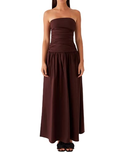 Damen Trägerloses Schlauchkleid Y2K Ärmellos Schulterfrei Gerafft Rückenfrei Flowy Swing Bodycon A Linie Party Maxi Kleider, Dunkelbraun A, M von Cusghjbsg
