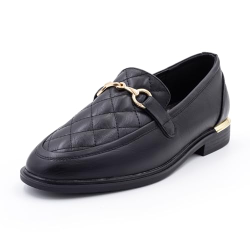 Cushion Walk Damen EEE Extra Wide Fit Schuhe Bit Loafers Goldton DD Trense Trim Niedriger Blockabsatz Kunstleder Material, Schwarz , 37 EU von Cushion Walk