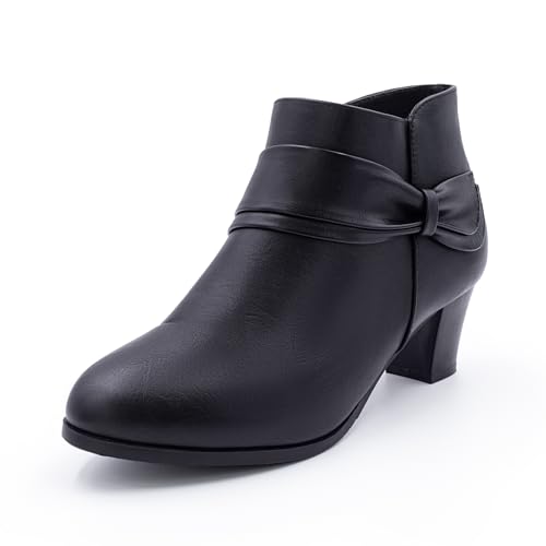 Cushion Walk Damen EEE Extra Wide Fit Stiefeletten Booties Niedrig bis Mitte 5 cm Blockabsatz Kunstleder Rutschfeste Sohle, Schwarz , 37 EU von Cushion Walk
