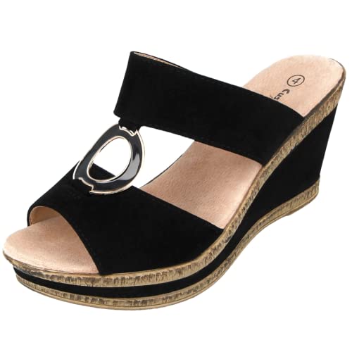 Cushion Walk Damen-Sandalen, Leder, gefüttert, Peep-Toe, mittelhoher Keilabsatz, Pantoletten, Größe 35-42, Schwarz - Schwarz - Größe: 39 EU von Cushion Walk