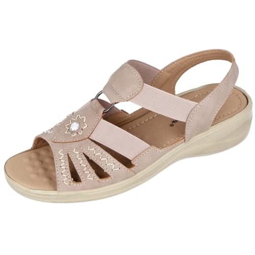 Cushion Walk Damen-Sandalen aus Kunstleder, offener Zehenbereich, T-förmiger Verschluss, leicht, elastisch, Gladiator-Sandalen für den Sommer, Größe 35-42, Braun - taupe - Größe: 37 EU von Cushion Walk