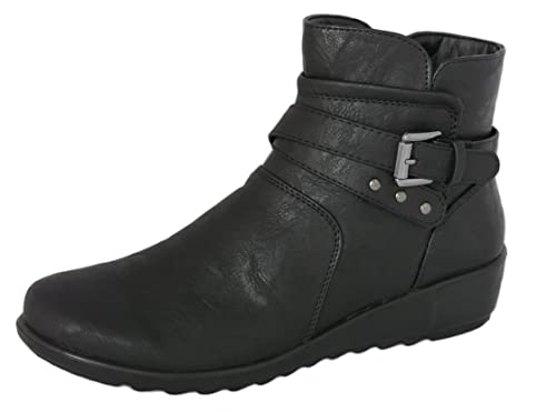 Cushion Walk Damen Stiefeletten Schwarz Low Wedge Reißverschluss Schnalle Nieten rutschfeste Sohle Größe 37-42, Schwarz , 36 EU von Cushion Walk