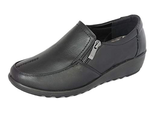 Cushion Walk Extra Weite Passform EEE-Passform Damen Leichte Schwarze Kunstleder Slip-on Flache Schuhe mit Reißverschluss, Flats, Beiläufig Büro Komfortschuhe (39.5 EU, Schwarz) von Cushion Walk