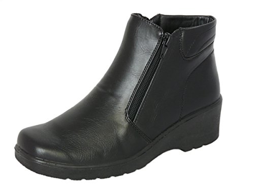 Damen-Stiefeletten mit niedrigem Keilabsatz in Schwarz mit Doppel-Reißverschluss und Rutschfester Sohle (EU 38 UK 5, Schwarz) von Cushion Walk