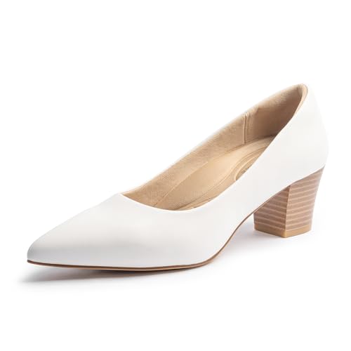Cusolemore Damen Pumps Kleidschuhe mit niedrigem Blockabsatz Heels für Frauen, Arch Support, Low Chunky Block Closed Toe Heels, Komfortable Pointed Toe Slip on Work Dress Office Schuhe 37 White von Cusolemore