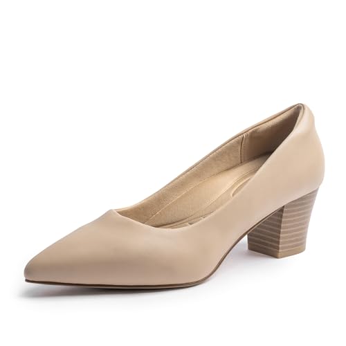Cusolemore Damen Pumps Kleidschuhe mit niedrigem Blockabsatz Heels für Frauen, Arch Support, Low Chunky Block Closed Toe Heels, Komfortable Pointed Toe Slip on Work Dress Office Schuhe 38 Nude von Cusolemore