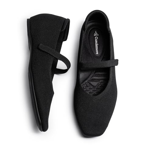 Cusolemore Mary Jane Flache Schuhe für Frauen mit Bogen Unterstützung und verdeckten niedrigen Keilabsatz, Bequeme Frauen quadratische Zehe Ballett Flats Stricken Kleid Schuhe Schwarz Size 36.5 von Cusolemore
