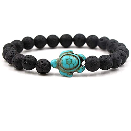 Cusstally Bettelarmband Naturstein-Perlen-Armband, Steinperlen-Armband-Schmuck for Frauen, Lavastein mit Blauer Türkis-Schildkröte, natürliches Halbedel-Elastik-Armband, Geschenk for Paare von Cusstally
