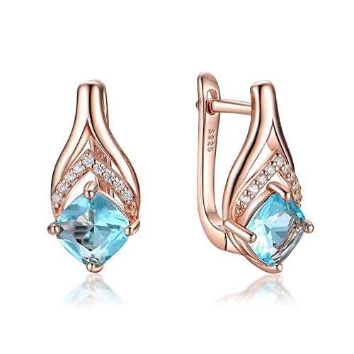 Cusstally Charm-Ohrringe 585 Roségold Blauer Topas Luxus-Ohrclips Echter 925er Sterlingsilber Runder Stein for Hochzeitsgeschenk Feine Heiterkeit von Cusstally
