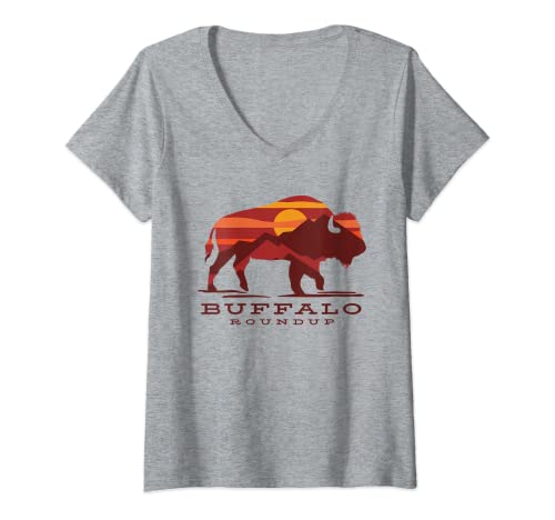 Damen Buffalo Roundup Custer State Park South Dakota Sonnenuntergang T-Shirt mit V-Ausschnitt von Custer State Park Buffalo Roundup Clothing Co