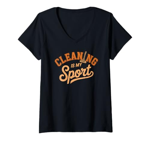 Damen Funny Cleaning My Sport Therapy Vacuumologe Ninja Tidy Up T-Shirt mit V-Ausschnitt von Custodian Squad Powered By Dust Wipe Scrub Meme