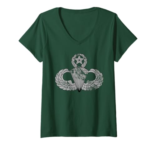 Damen US Army Jumpmaster Badge – Airborne Wings Master Parachutist T-Shirt mit V-Ausschnitt Damen US Army Jumpmaster Badge – Airborne Wings Master Parachutist T-Shirt mit V-Ausschnitt von Custom Army Designs