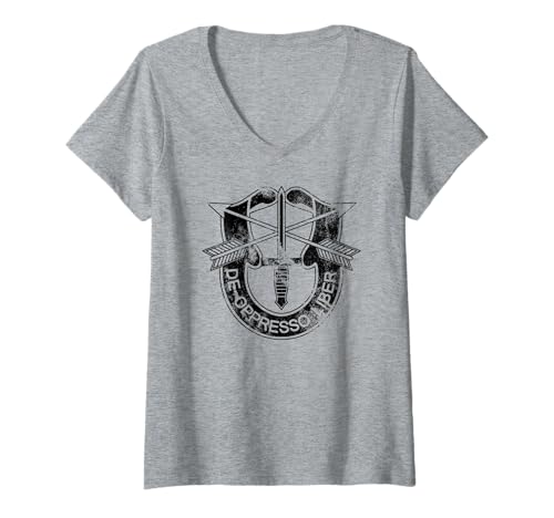Damen US-Spezialeinheiten - De Oppresso Liber - Grey Distressed T-Shirt mit V-Ausschnitt Damen US-Spezialeinheiten - De Oppresso Liber - Grey Distressed T-Shirt mit V-Ausschnitt von Custom Army Designs
