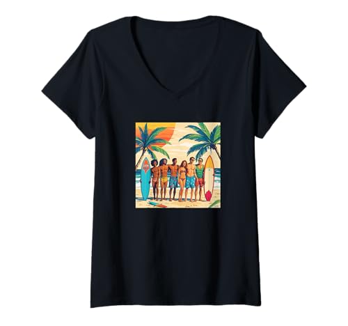 Damen Surfin USA Wassersport Fun Geschenk T-Shirt mit V-Ausschnitt von Custom Print Me