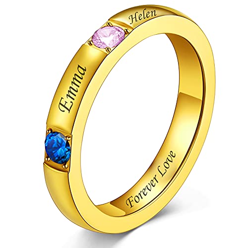 Custom4U Benutzerdefinierter Damen Namen Ring mit 2 Geburtssteine 2 Namen mit Graviur aus 316L Edelstahl Ring Größe 62.1（19.9） in Gold von Custom4U
