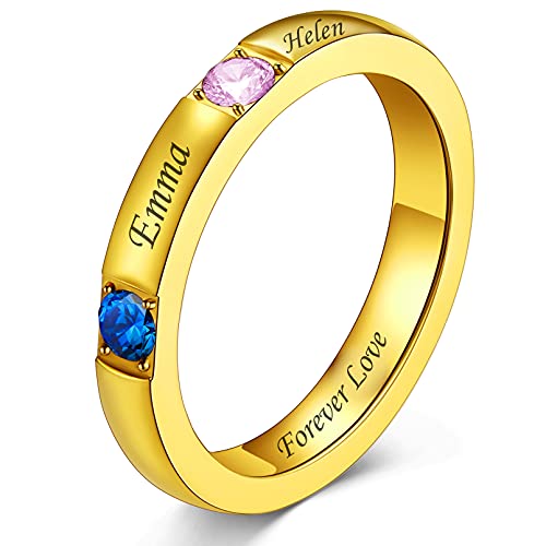 Custom4U Benutzerdefinierter Damen Namen Ring mit 2 Geburtssteine 2 Namen mit Graviur aus 316L Edelstahl Ring Größe 64.6（20.7） in Gold von Custom4U