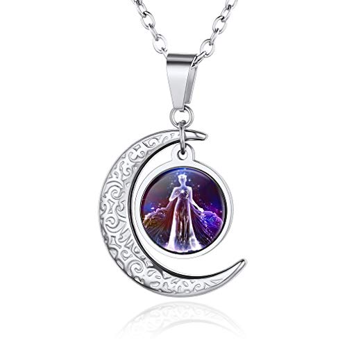 Custom4U 12 Horoskop Kette für Damen Edelstahl Silber Jungfrau Sternzeichen Tierkreiszeichen 51CM+ 5CM Verlängerkette Cabochon Glas Anhänger von Custom4U