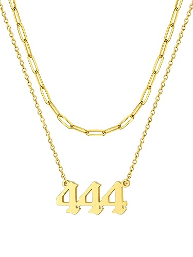 Custom4U 18K Vergoldet Engelszahl Kette 444 Anhänger Damen Frauen Layered Büroklammer-Gliederkette Angel Number Kette für Numerologie Schmuck von Custom4U